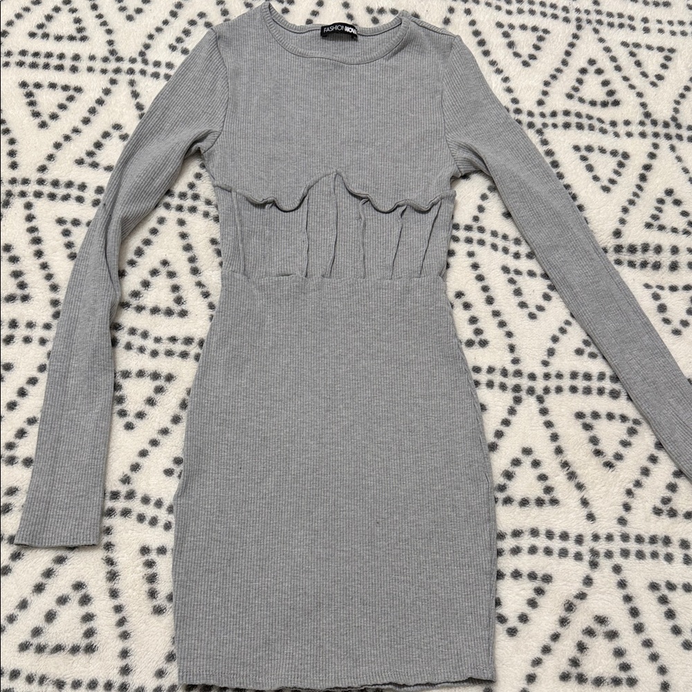 Fashion Nova Gray Long Sleeve Ribbed Bodycon Dress